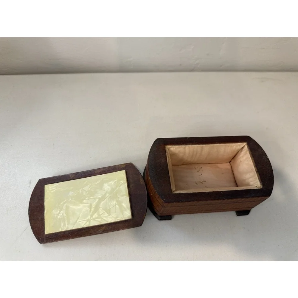 Vintage Art Deco Wood Keepsake Box Satin Lined Celluloid Faux Pearl Lid Insert